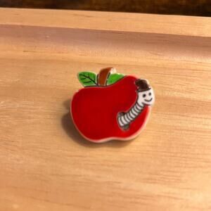 Vintage worm in hat apple pin, bugcore whimsy weirdcore 80s kidcore goblincore